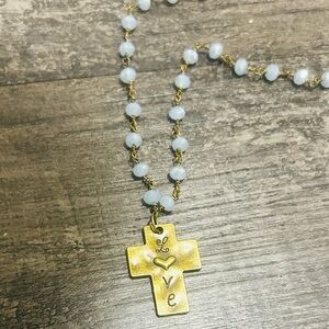 Vintage Gypsy Bronze Love Cross Pendant 19” Necklace with Blue Swarovski
